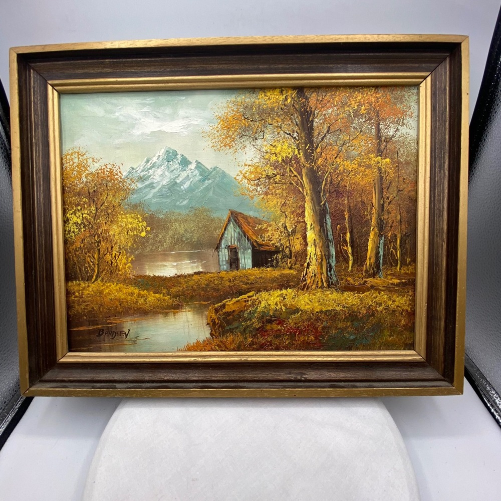 Bardeen Vintage Oil Painting Mountain Cabin Landscape Gold Wood Frame 19x15